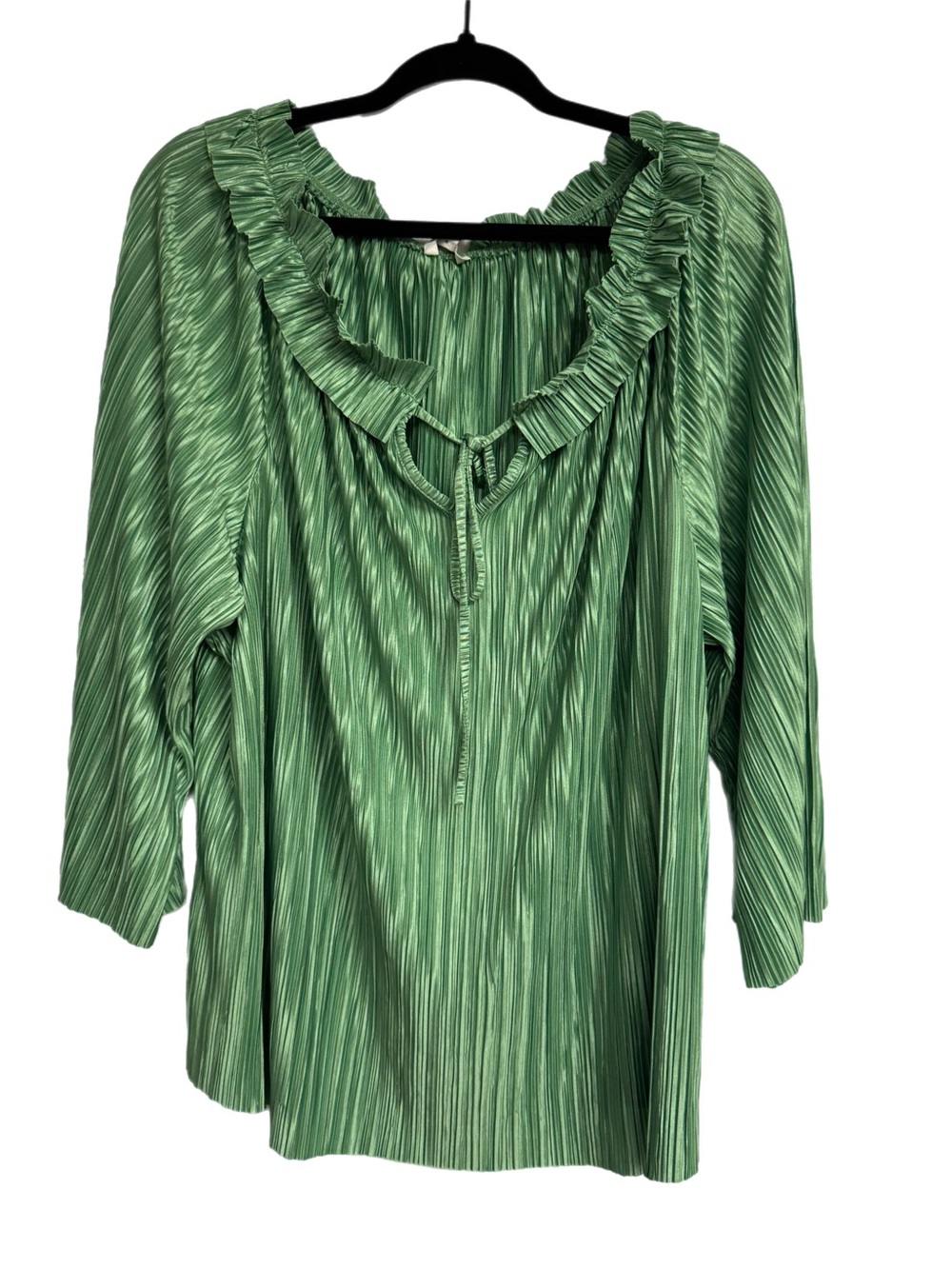 Cato Green Pleated Ruffle-Neck Blouse